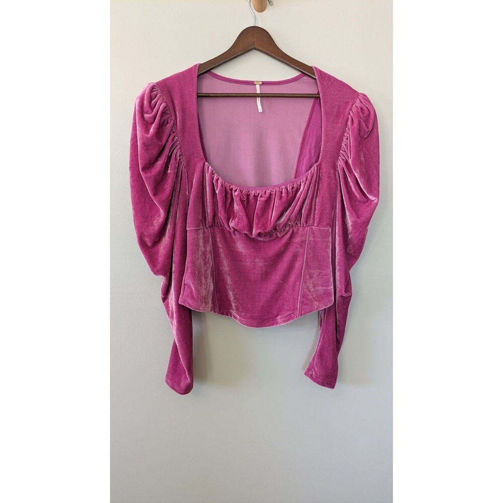 Free People Hold Me Top Large Pink Velvet Puff Sleeve Coquette Milkmaid Cropped